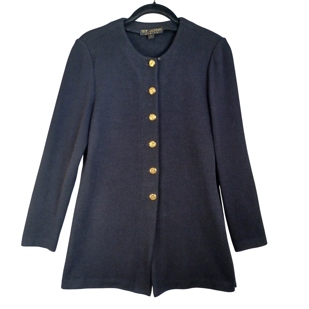 St John Basics Dark Black Santana Knit Gold Button Cardigan Jacket Womens Size 4